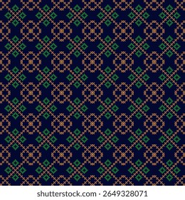 um padrão de tecido de ponto transversal verde e marrom sobre um fundo azul escuro, apresentando motivos geométricos repetitivos, adequados para têxteis e artesanato com uma estética folclórica.
