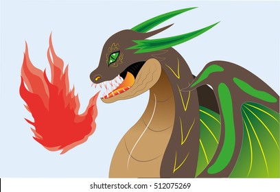 Green a brown dragon breathes a flame