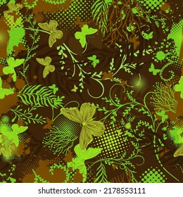 Green and brown floral background with leaves and butterflies. Vector illustration