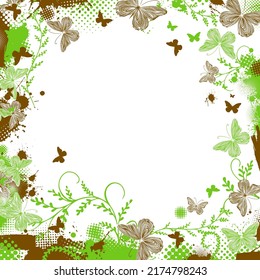 Marco verde y marrón con mariposas Ilustración vectorial
