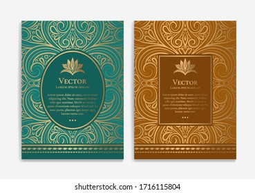 Green, brown and gold luxury invitation card design. Vintage ornament template. Can be used for background and wallpaper. Elegant and classic vector elements great for decoration.