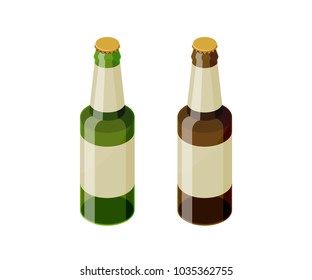 Green and brown isometric beer bottles vector icon set. Transparent glass beer bottle isometric design.