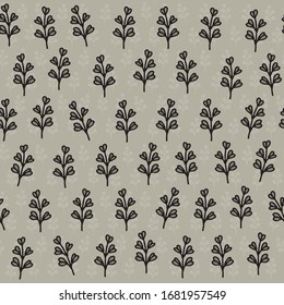 Green brown khaki tiny foliage seamless pattern. Repeatable vector background with rows of stalks and leaves on light textured background.