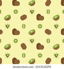 Green Brown Kiwi seamless pattern, Farm fresh Kiwi product emblem for grocery shop, Slides, long and cross sections, and different positions, simple flat vector illustration of vegetables and fruits.