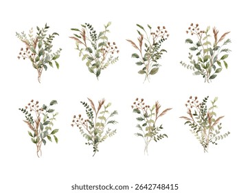 green brown leaves bouquet watercolor collection
