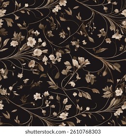 green and brown leaves with floral motifs in white, cream and slightly pink tones on a black background