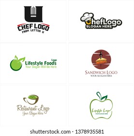 Green brown line art logo design combine apple hat chef icon sandwich fork and cup suitable for restaurant food drink health lifestyle
