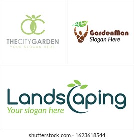 Green brown logo vector with people leaf plant growth suitable for landscaping garden business company farm vegan nature organic food healthy