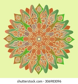 Green and brown mandala on the soft yellow background. Isolated round element. Vector illustration.