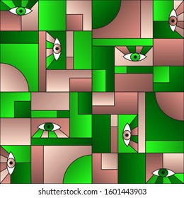 Green brown pattern with eyes in geometric shapes grid 80s and 90s vintage fashion fabric print. Patches composition tile. Open eyes bauhaus geometric seamless pattern. Interior vector design.