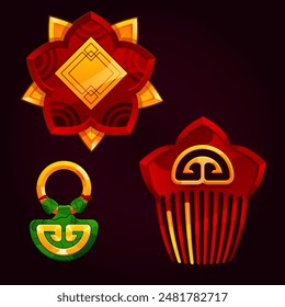 green; brown; progress; pattern; illustration; oriental; asian; vector; graphic; ethnic; icon; amulet; hairpin; brooch; comb; pendant; insignia; design;