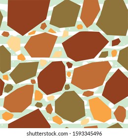 Green, brown and red abstract shapes on stripes. Seamless Pattern, differently colored stones in pastel shades of pink, yellow, blue and brown. 