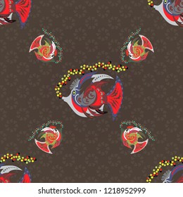 Green, brown and red fish vector seamless pattern.