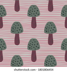 Green and brown seamless pattern with mushrooms. Pink and grey background in pale palette. Great for wallpaper, textile, wrapping paper, fabric print. Vector illustration.