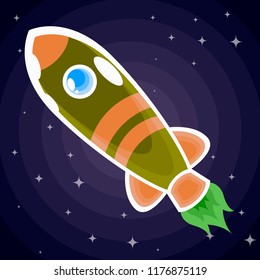 Green with brown stripes a space rocket with a porthole flying in space among the stars