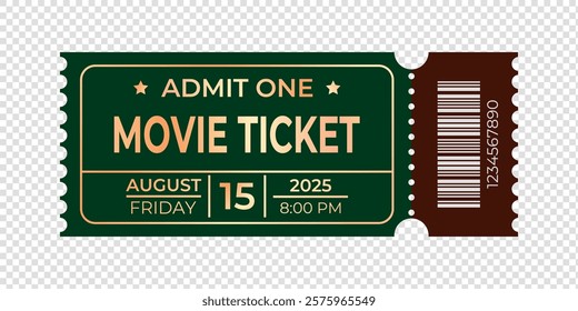 Green and brown ticket with customizable gold text. Retro ticket template in vintage style for cinema, theater, circus and casino. High quality EPS 10 vector illustration.