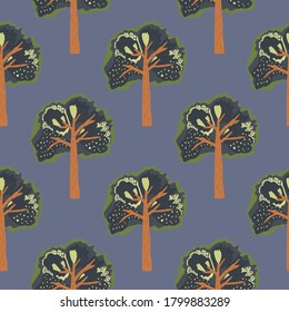 Tonos verdes y marrones adornos de árboles sin fisuras. Sencillo adorno forestal sobre fondo azul marino. Diseñado para papel pintado, textil, papel envolvente, impresión de tela. Ilustración vectorial.
