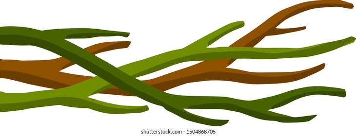 Green and brown tree branch. The tangle of plants. Cartoon flat illustration. Element of forests and nature