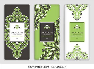 Green and brown vintage packaging design of chocolate bars. Vector luxury template with ornament elements. Can be used for background and wallpaper. Great for food and drink package types.