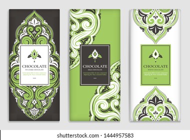 Green and brown vintage packaging design of chocolate bars. Vector luxury template with ornament elements. Can be used for background and wallpaper. Great for food and drink package types.