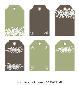 green  and brown with white flowers. Vector hand drawn.  Romantic tags collection  with flowers, lettering.   holiday invitations. Collection tags, cute tags, Set tags, printable tags, hand drawn tags