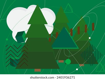 Green, brown and white Pine Tree geometrical graphic retro theme background. Minimal geometric elements. Vintage abstract shapes vector illustration.