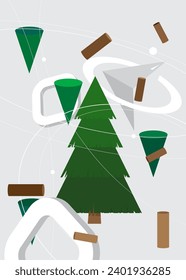 Grüner, brauner und weißer Pine Tree geometrischer grafischer Retro-Hintergrund. Minimale geometrische Elemente. Vintage abstrakte Formen, Vektorgrafik.