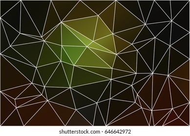 Green brown yellow black abstract low poly geometric background with white triangle mesh.