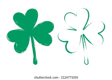 Green brush stroke clover isolated on white background. Shamrock, trefoil symbol. Vector illustration.	