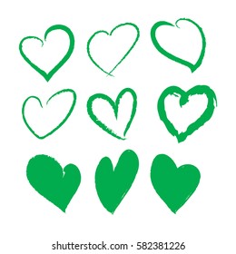 green brush stroke hearts set. hand drawn. design element for valentines day