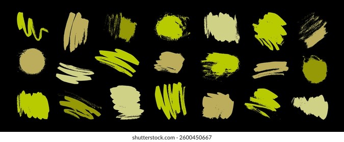 Green brush stroke set. Grungy organic textures. Vector vintage hand-painted lines, circles, squares, abstract scratches and scribbles for retro style eco bio health food package and identity