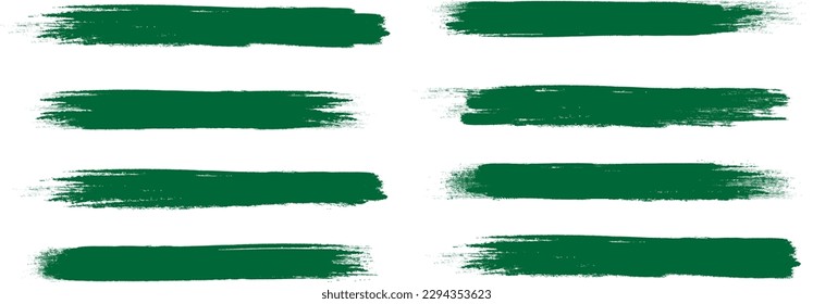 Green brush stroke set isolated on background. Paint brush stroke vector for ink paint, grunge design element, dirt banner, watercolor design, dirty texture. Trendy brush stroke, vector illustration