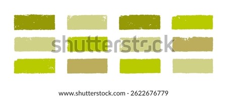 Green brush stroke set. Vector vintage hand-painted wide straight lines. Grungy stamps. Eco bio health food organic textures bg. Abstract retro style swatches, highlights, underlines, text containers