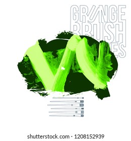 Green brush stroke and texture. Grunge vector abstract hand - painted element. Underline and border design.