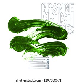 Green brush stroke and texture. Grunge vector abstract hand - painted element. Underline and border design.