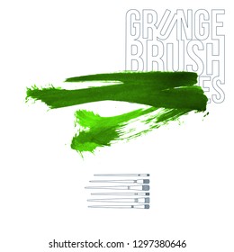 Green brush stroke and texture. Grunge vector abstract hand - painted element. Underline and border design.