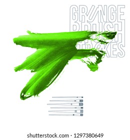 Green brush stroke and texture. Grunge vector abstract hand - painted element. Underline and border design.