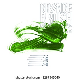 Green brush stroke and texture. Grunge vector abstract hand - painted element. Underline and border design.