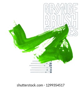 Green brush stroke and texture. Grunge vector abstract hand - painted element. Underline and border design.