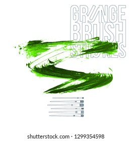 Green brush stroke and texture. Grunge vector abstract hand - painted element. Underline and border design.