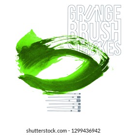 Green brush stroke and texture. Grunge vector abstract hand - painted element. Underline and border design.