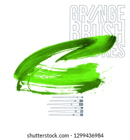 Green brush stroke and texture. Grunge vector abstract hand - painted element. Underline and border design.