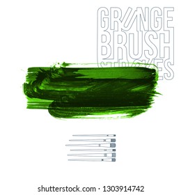 Green brush stroke and texture. Grunge vector abstract hand - painted element. Underline and border design.