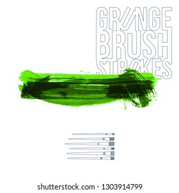 Green brush stroke and texture. Grunge vector abstract hand - painted element. Underline and border design.