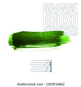 Green brush stroke and texture. Grunge vector abstract hand - painted element. Underline and border design.