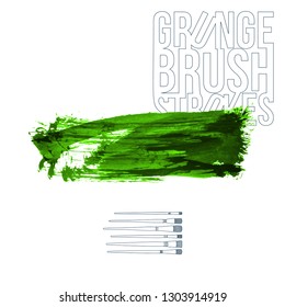 Green brush stroke and texture. Grunge vector abstract hand - painted element. Underline and border design.