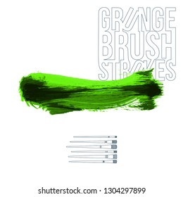 Green brush stroke and texture. Grunge vector abstract hand - painted element. Underline and border design.