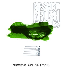 Green brush stroke and texture. Grunge vector abstract hand - painted element. Underline and border design.