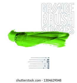 Green brush stroke and texture. Grunge vector abstract hand - painted element. Underline and border design.