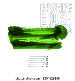Green brush stroke and texture. Grunge vector abstract hand - painted element. Underline and border design.
